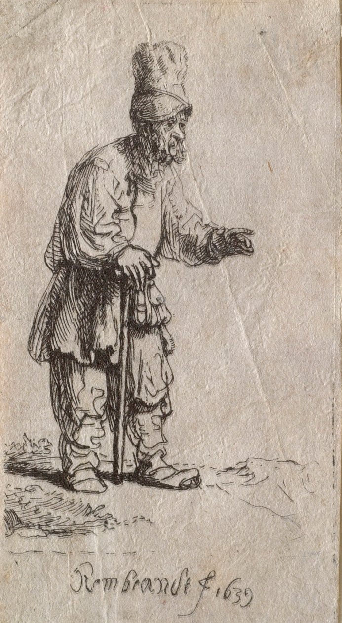 Korkealakkinen talonpoika seisomassa keppiin nojaten tekijältä Rembrandt van Rijn