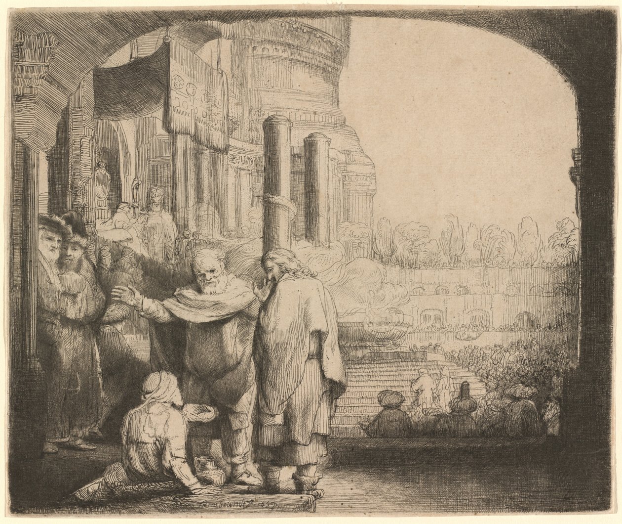 Pietari ja Johannes parantavat rampaa temppelin portilla tekijältä Rembrandt van Rijn