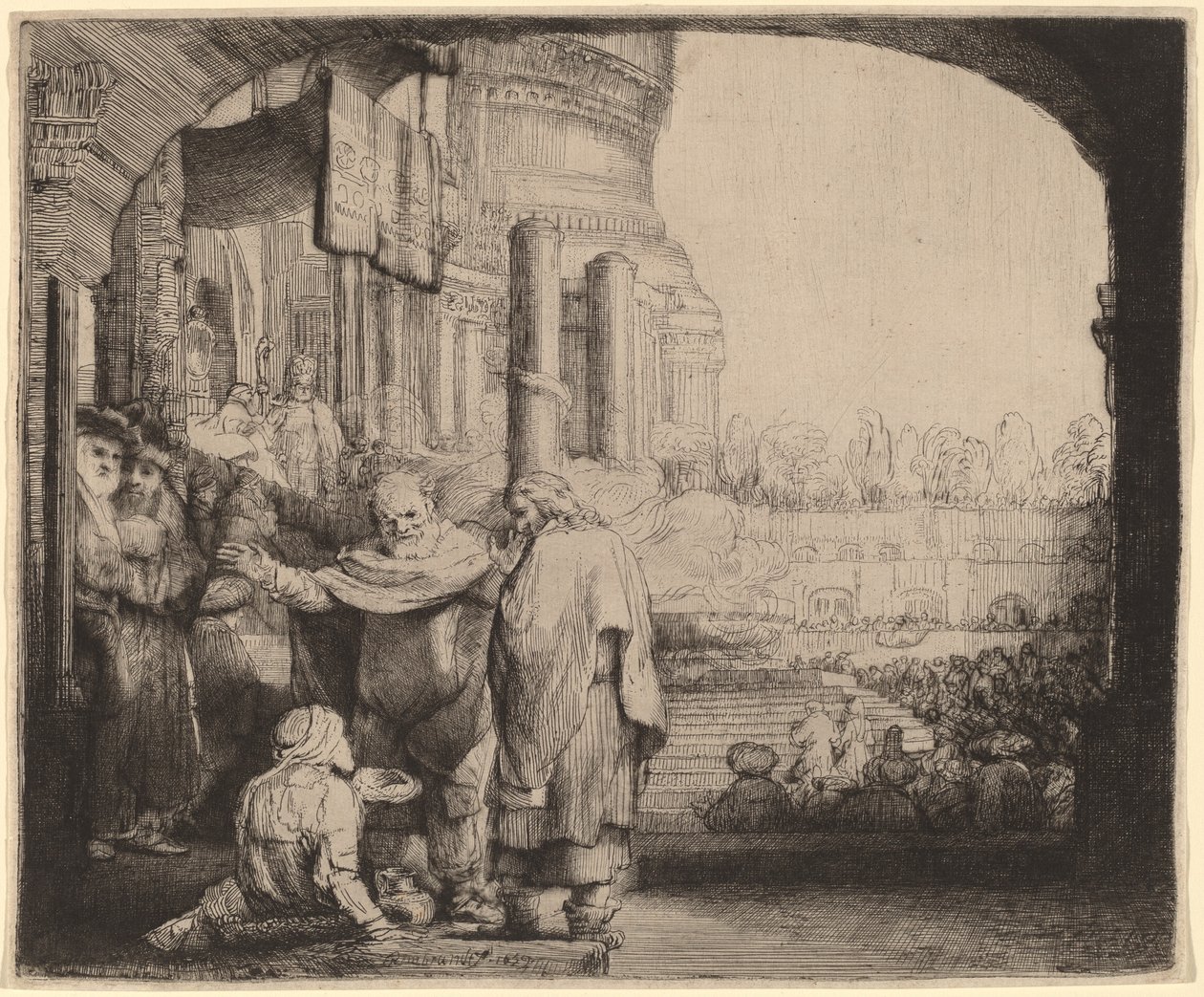 Pietari ja Johannes parantavat rampaa temppelin portilla tekijältä Rembrandt van Rijn