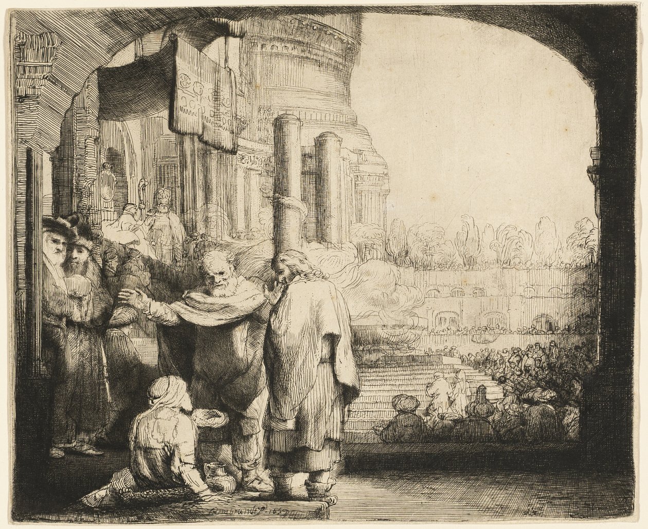Pietari ja Johannes parantavat rampaa temppelin portilla tekijältä Rembrandt van Rijn