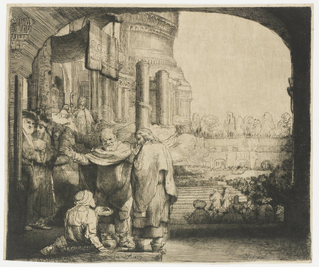 Pietari ja Johannes parantavat rampaa temppelin portilla tekijältä Rembrandt van Rijn