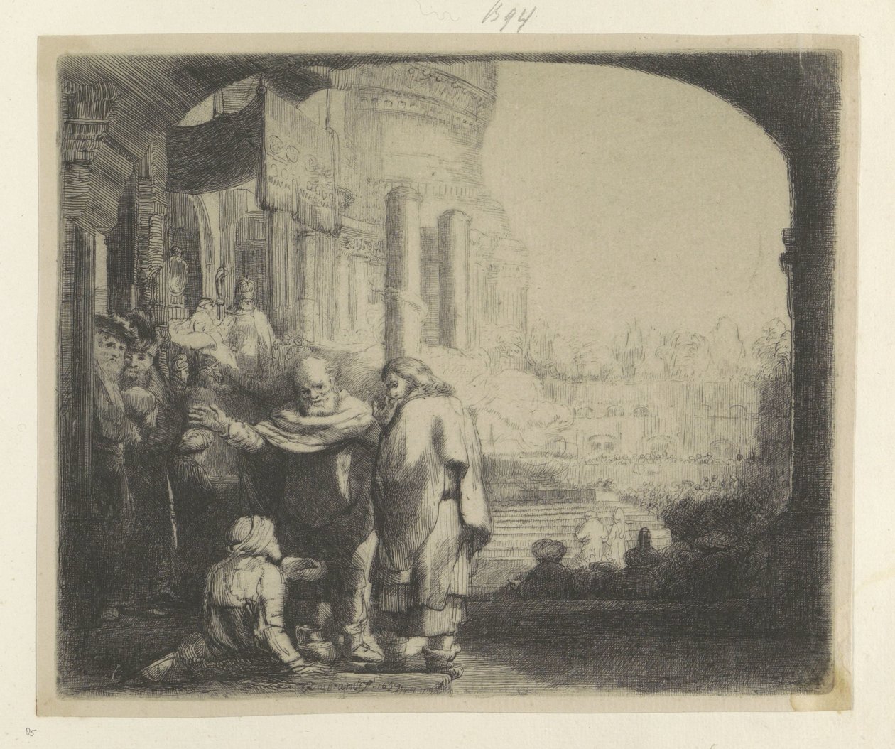 Pietari ja Johannes parantavat ramman temppeliportilla Recueil de quatre-vingt-cinq estampes originales (sarjan nimi) tekijältä Rembrandt van Rijn