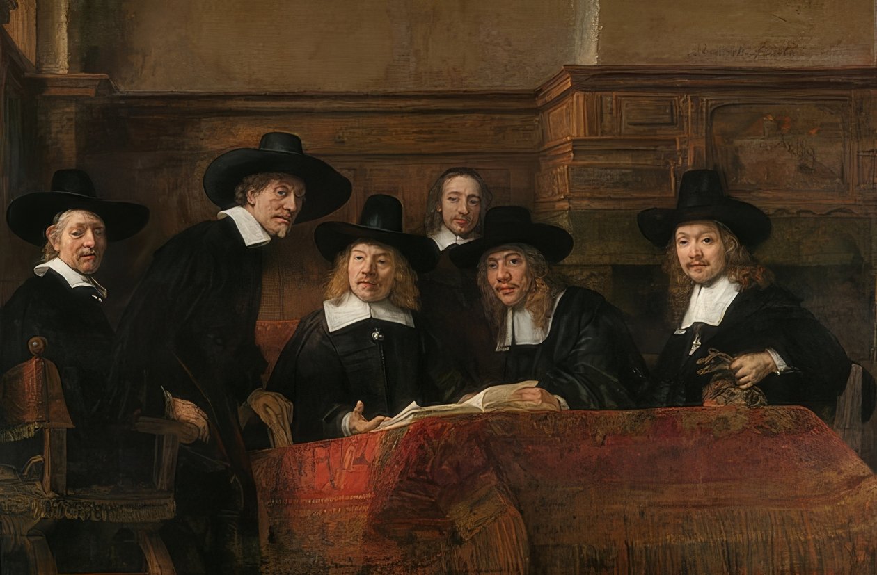 Muotokuva Amsterdamin kangasvalmistajien killan päällikköstä. 1662 tekijältä Rembrandt van Rijn