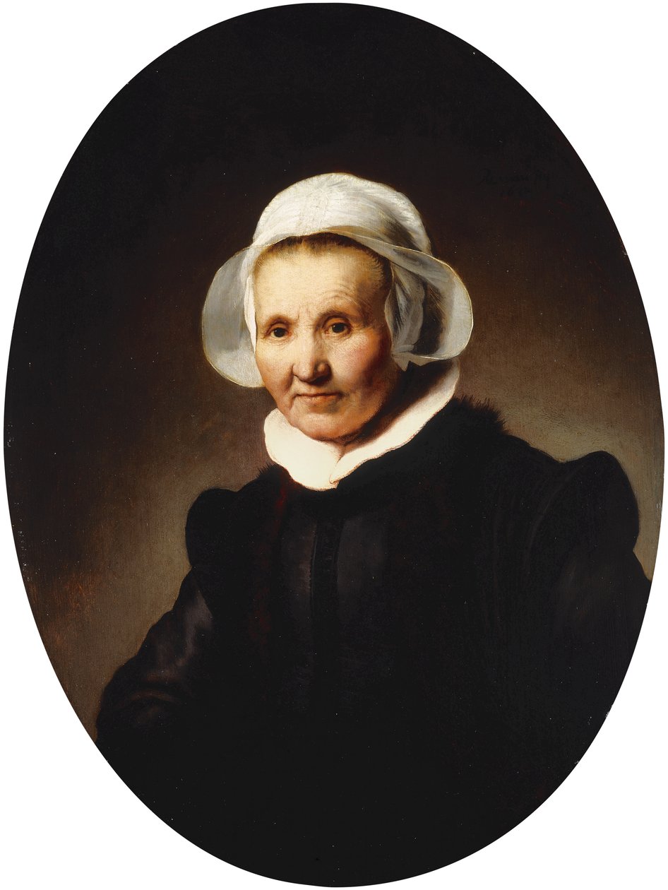 Naisen muotokuva, 62-vuotias, ehkä Aeltje Pietersdr. Uylenburgh, Johannes Corneliszin vaimo. Sylvius, puolipitkä mustassa puvussa., 1632 tekijältä Rembrandt van Rijn