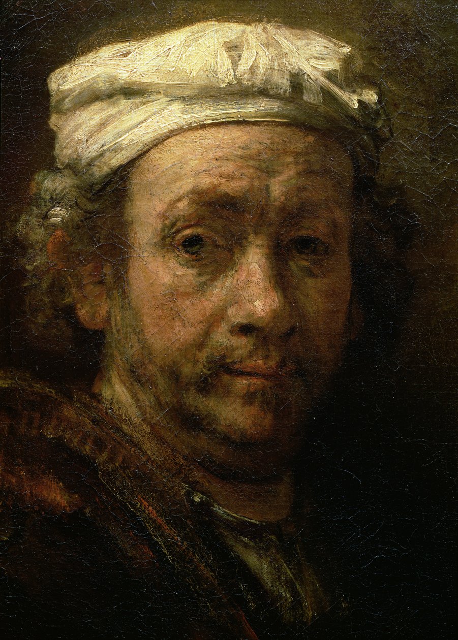 Taiteilijan muotokuva maalaustelineessa, yksityiskohta kasvoista, 1660 (91054:n yksityiskohta) tekijältä Rembrandt van Rijn