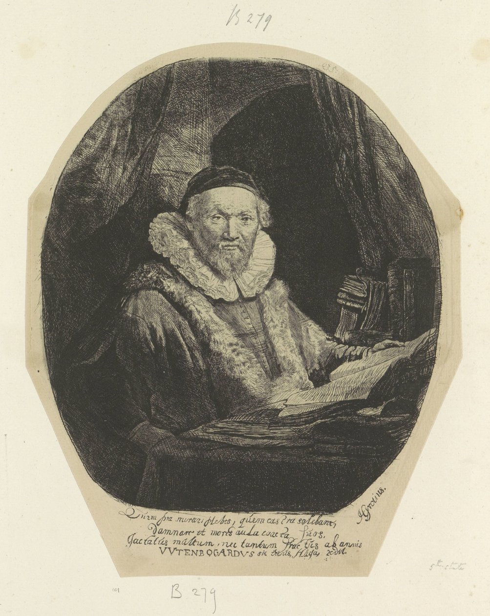 Portret van de Remonstrante ennustaa Jan Wtenbogaertia Kokoelma kahdeksankymmentäviisi alkuperäistä vedosta (sarjan nimi) tekijältä Rembrandt van Rijn