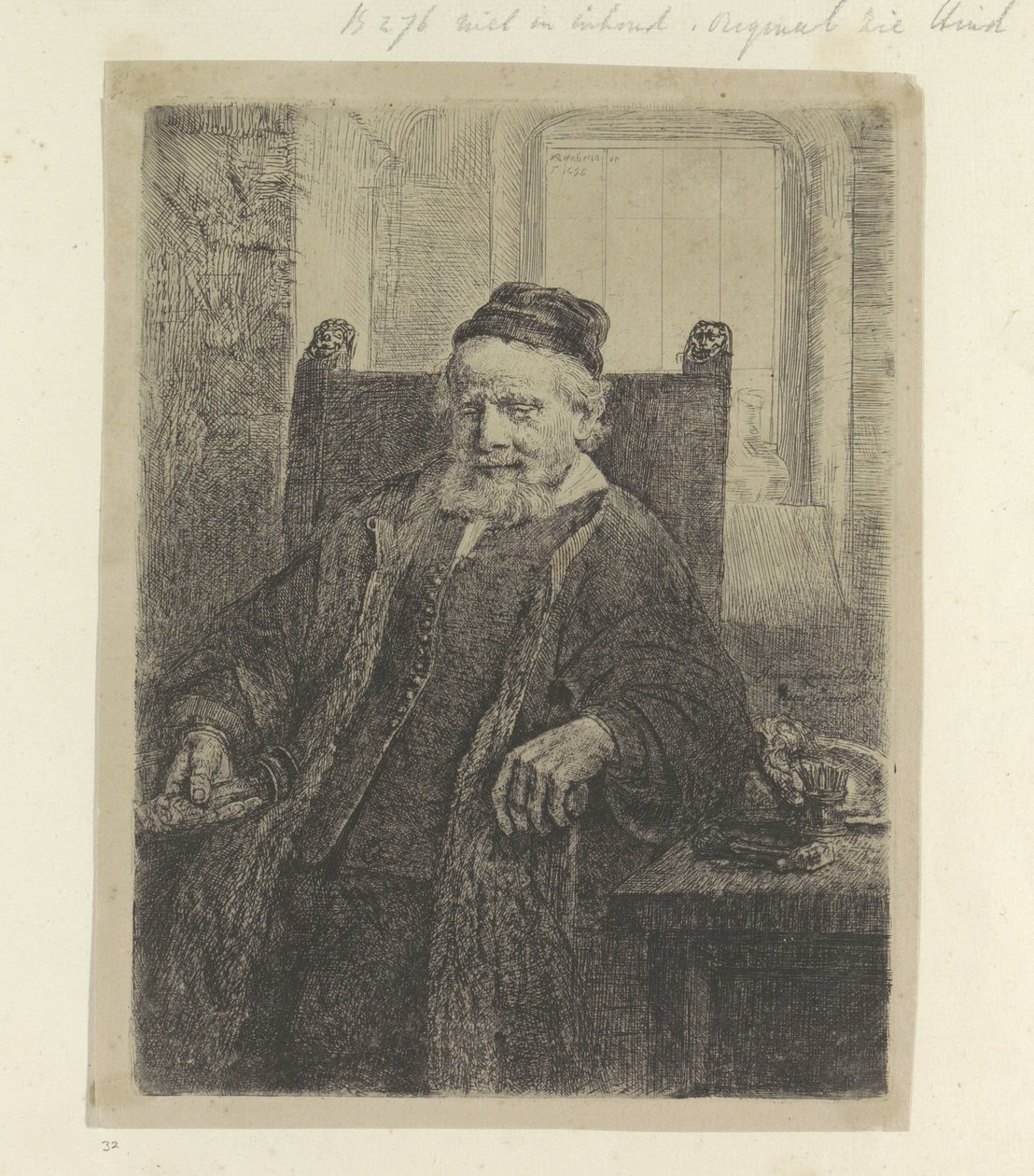 Portree van de goudsmid Jan Lutma Kokoelma kahdeksankymmentäviisi alkuperäistä vedosta (sarjan nimi) tekijältä Rembrandt van Rijn