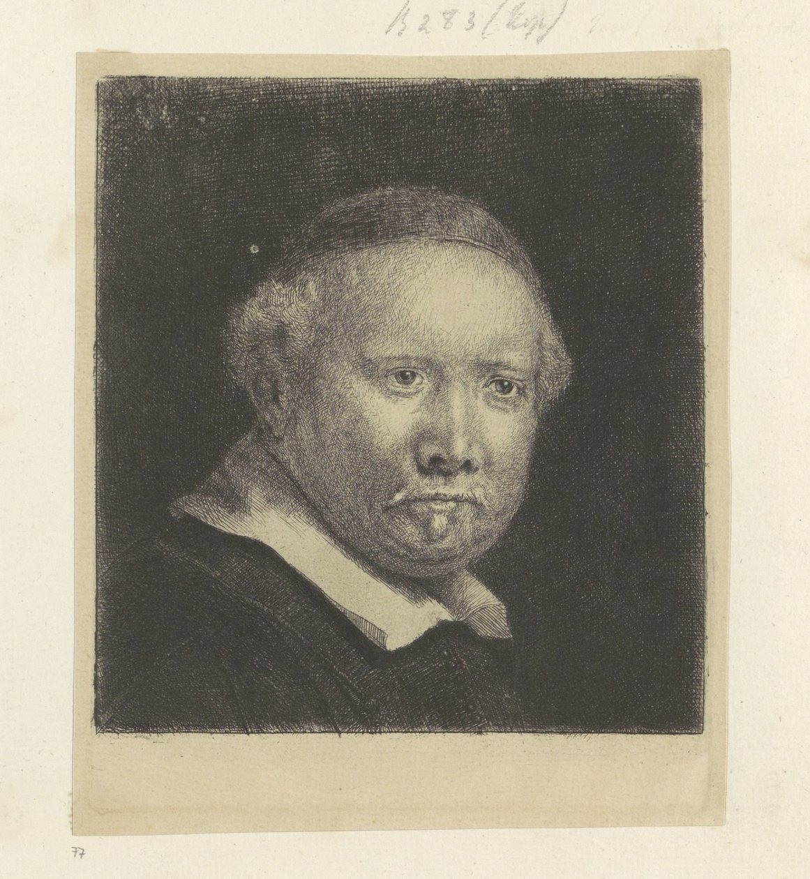 Muotokuva kirjailija Lieven Willemszista. van Coppenol: iso lautanen Recueil de quatre-vingt-cinq estampes originales (sarjan nimi) tekijältä Rembrandt van Rijn
