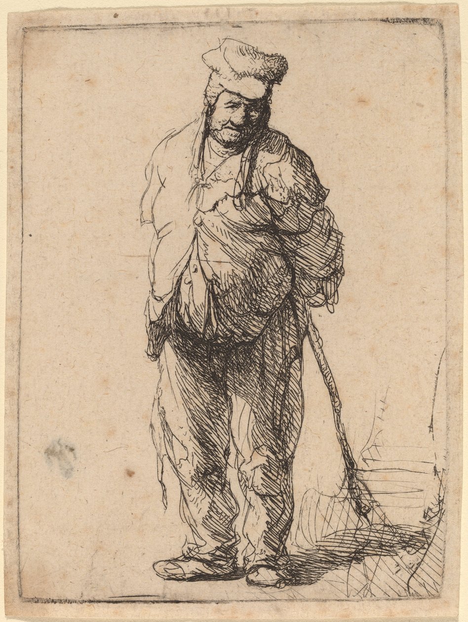 Räsynyt talonpoika kätensä takana, keppiä pitelemässä tekijältä Rembrandt van Rijn