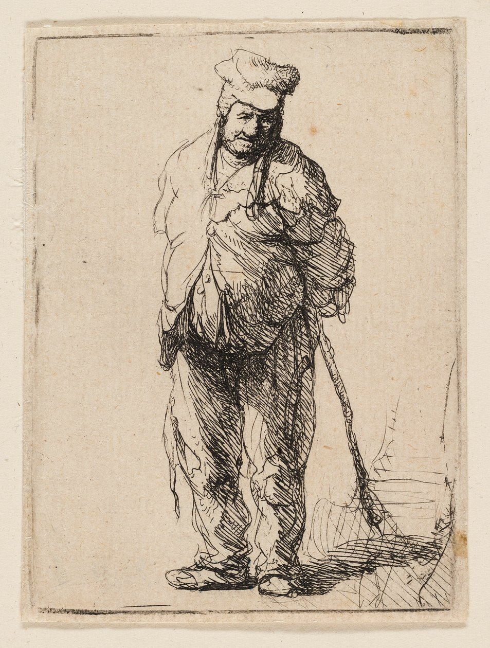 Räsynyt talonpoika kätensä takana, keppiä pitelemässä tekijältä Rembrandt van Rijn
