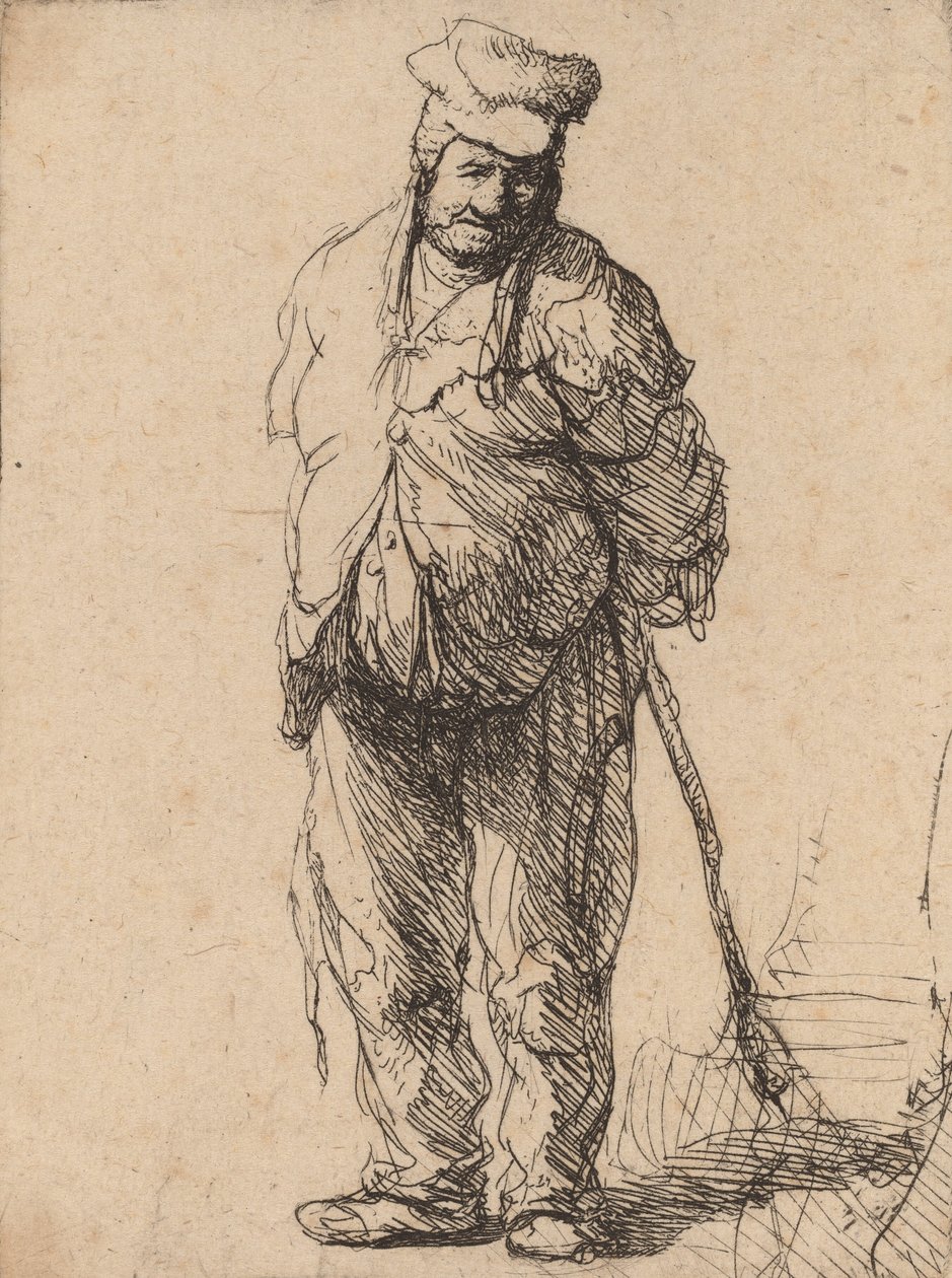 Räsytty talonpoika kädet takana, keppiä pitelevä, c. 1630. tekijältä Rembrandt van Rijn