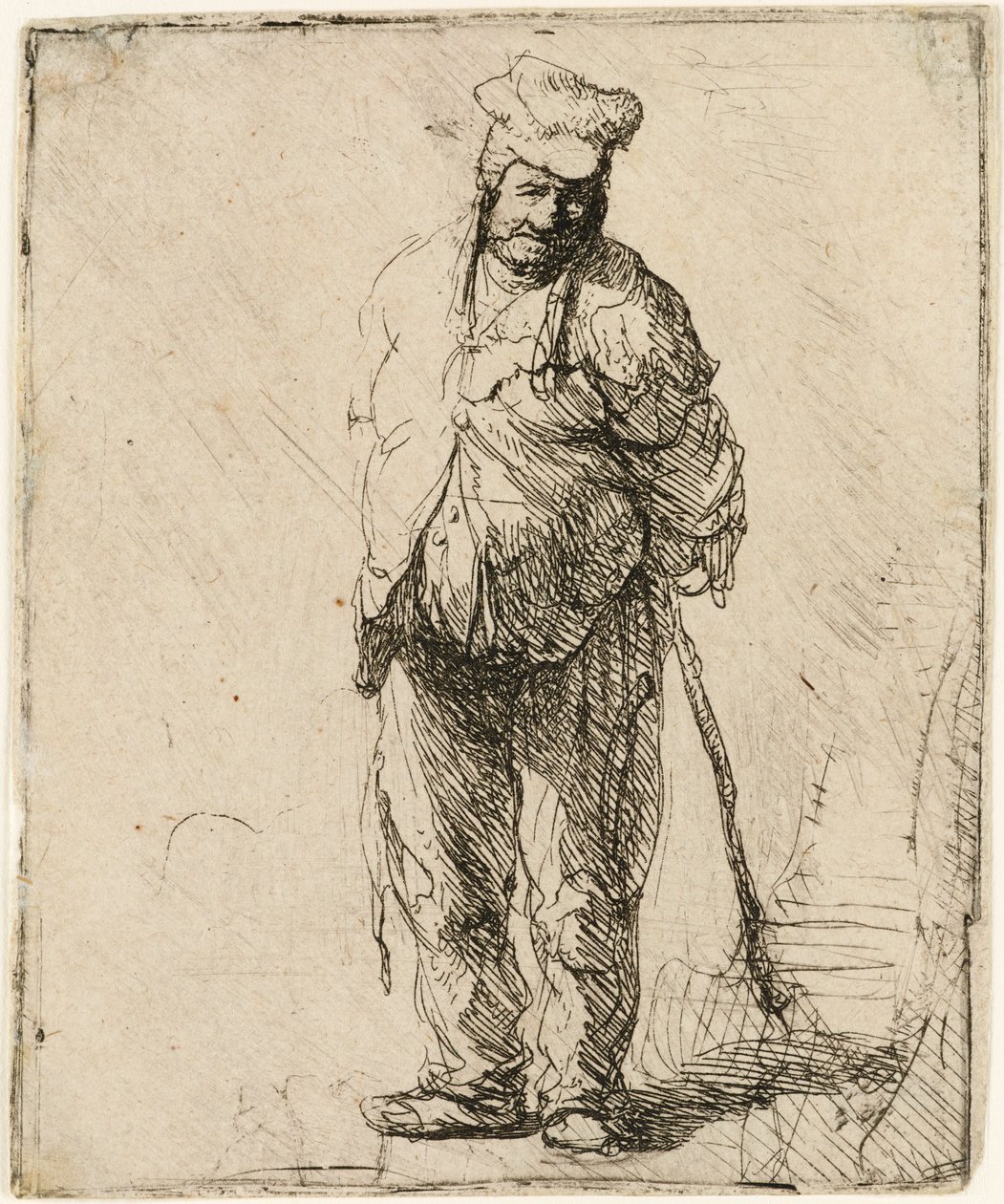 Räsytty talonpoika kädet takana, keppi kädessään, n. 1630. tekijältä Rembrandt van Rijn