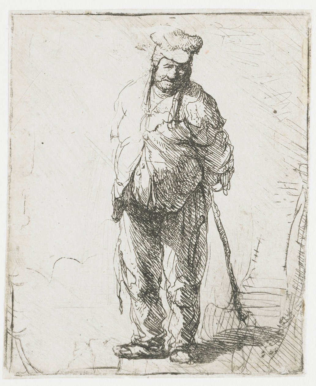 Rähjäinen talonpoika, kädet selän takana, keppi kädessään tekijältä Rembrandt van Rijn