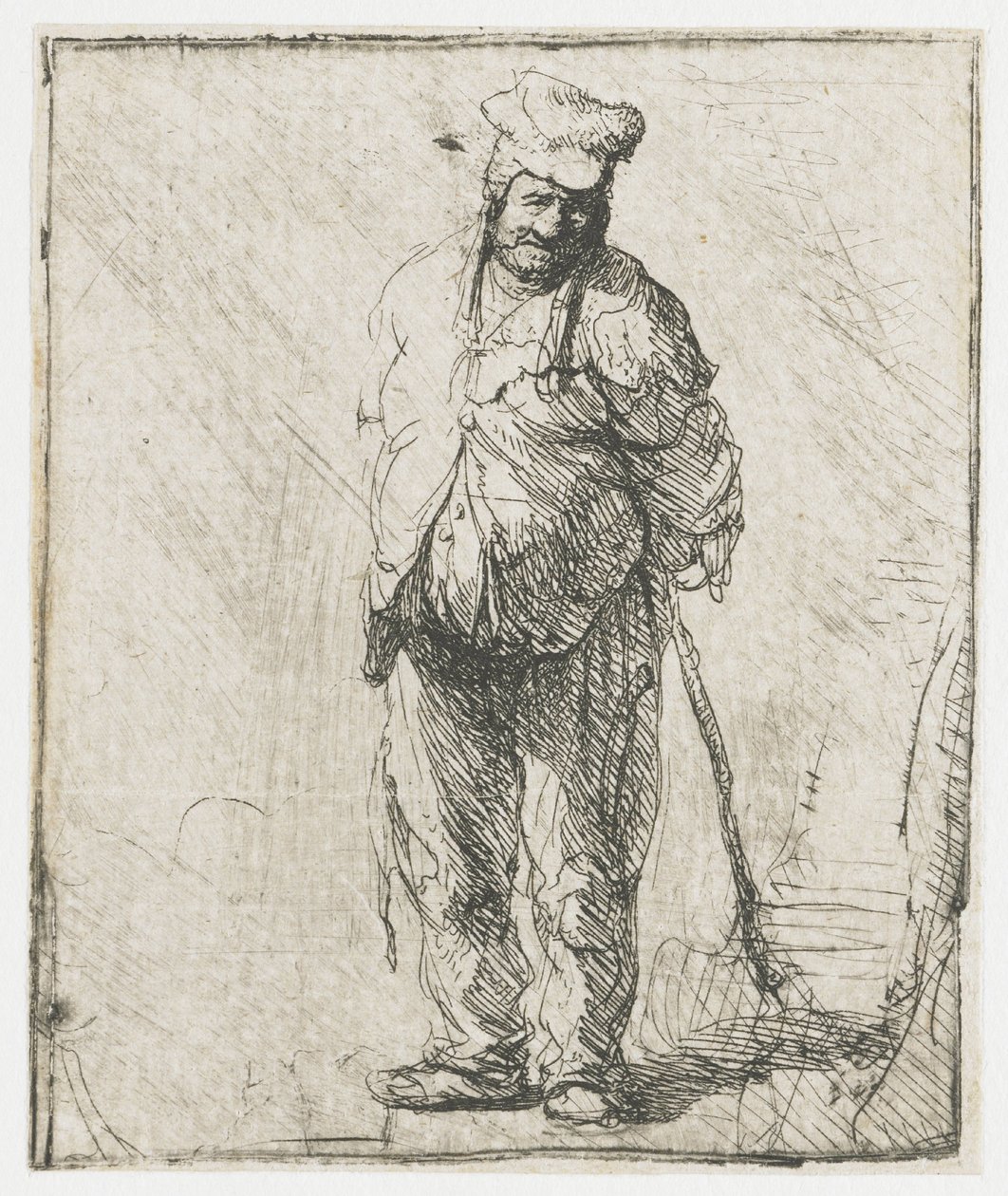 Rähjäinen talonpoika, kädet selän takana, keppi kädessään tekijältä Rembrandt van Rijn
