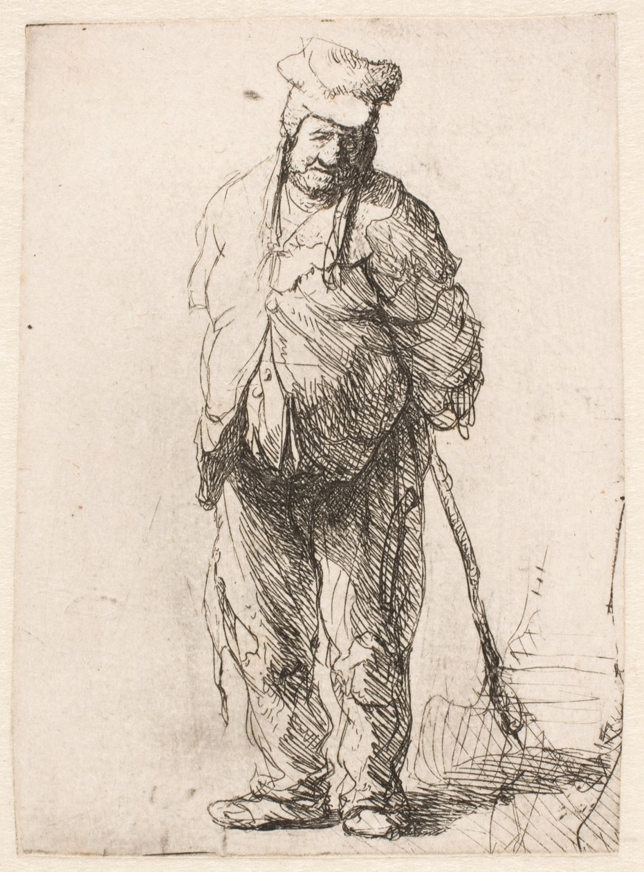 Rähjäinen talonpoika, kädet selän takana, keppi kädessään tekijältä Rembrandt van Rijn