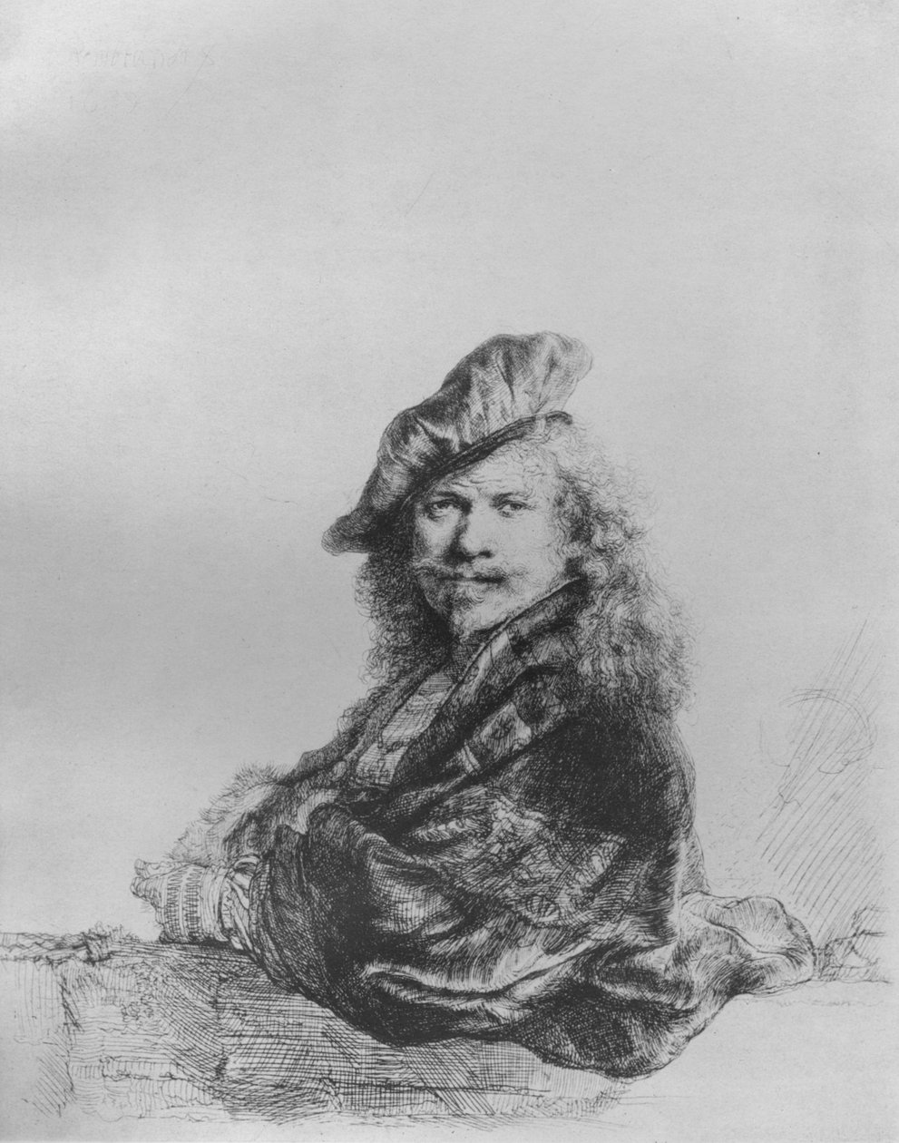Rembrandt nojaten kivikynnykseen, 1639 tekijältä Rembrandt van Rijn