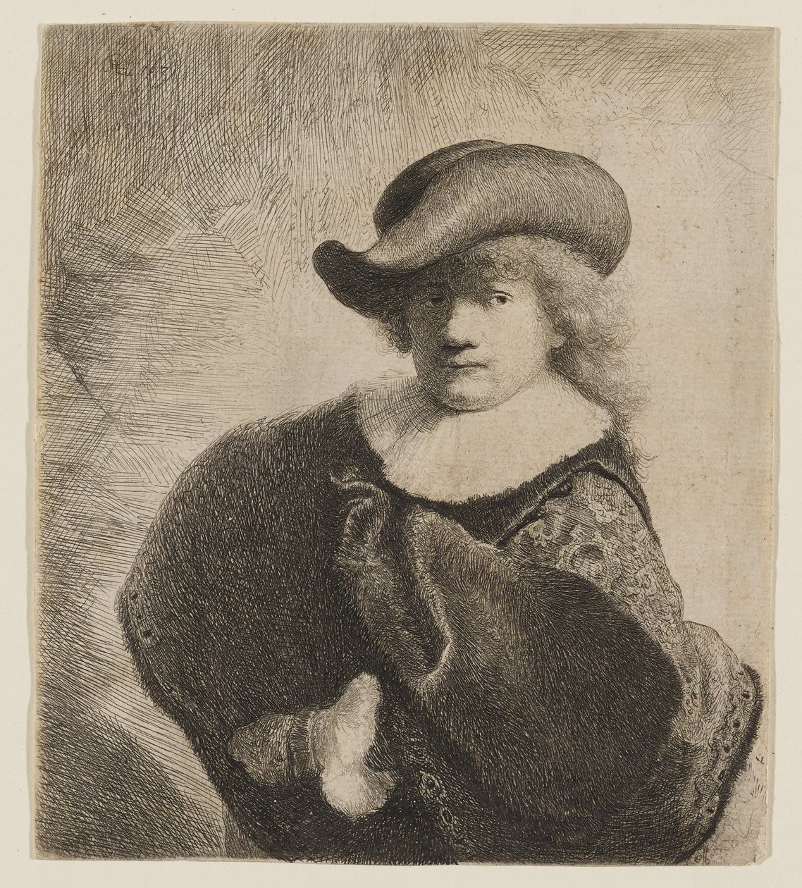 Rembrandt, jolla on päässään vinosti asetettu pehmeä hattu tekijältä Rembrandt van Rijn