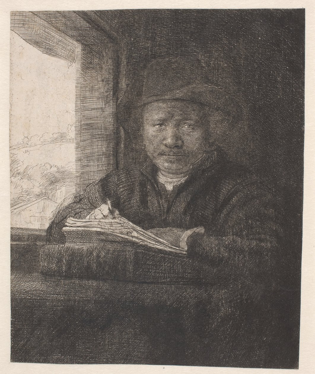 Rembrandt piirtää ikkunassa tekijältä Rembrandt van Rijn