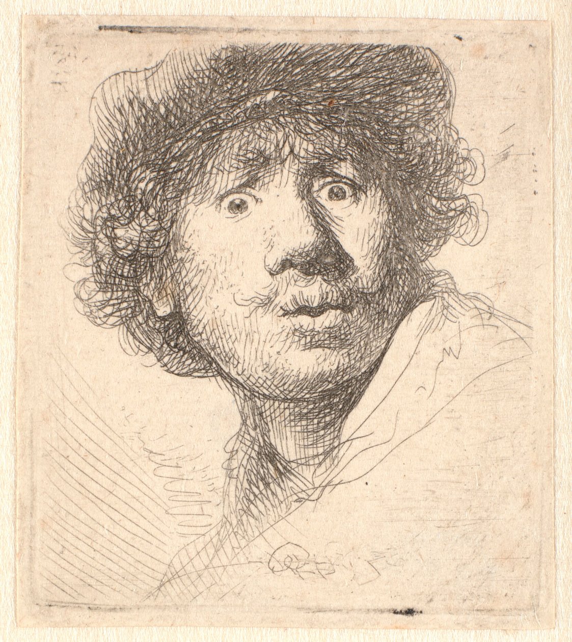 Rembrandt lippassa, suu auki ja tuijottaa: rintakuva ääriviivassa tekijältä Rembrandt van Rijn