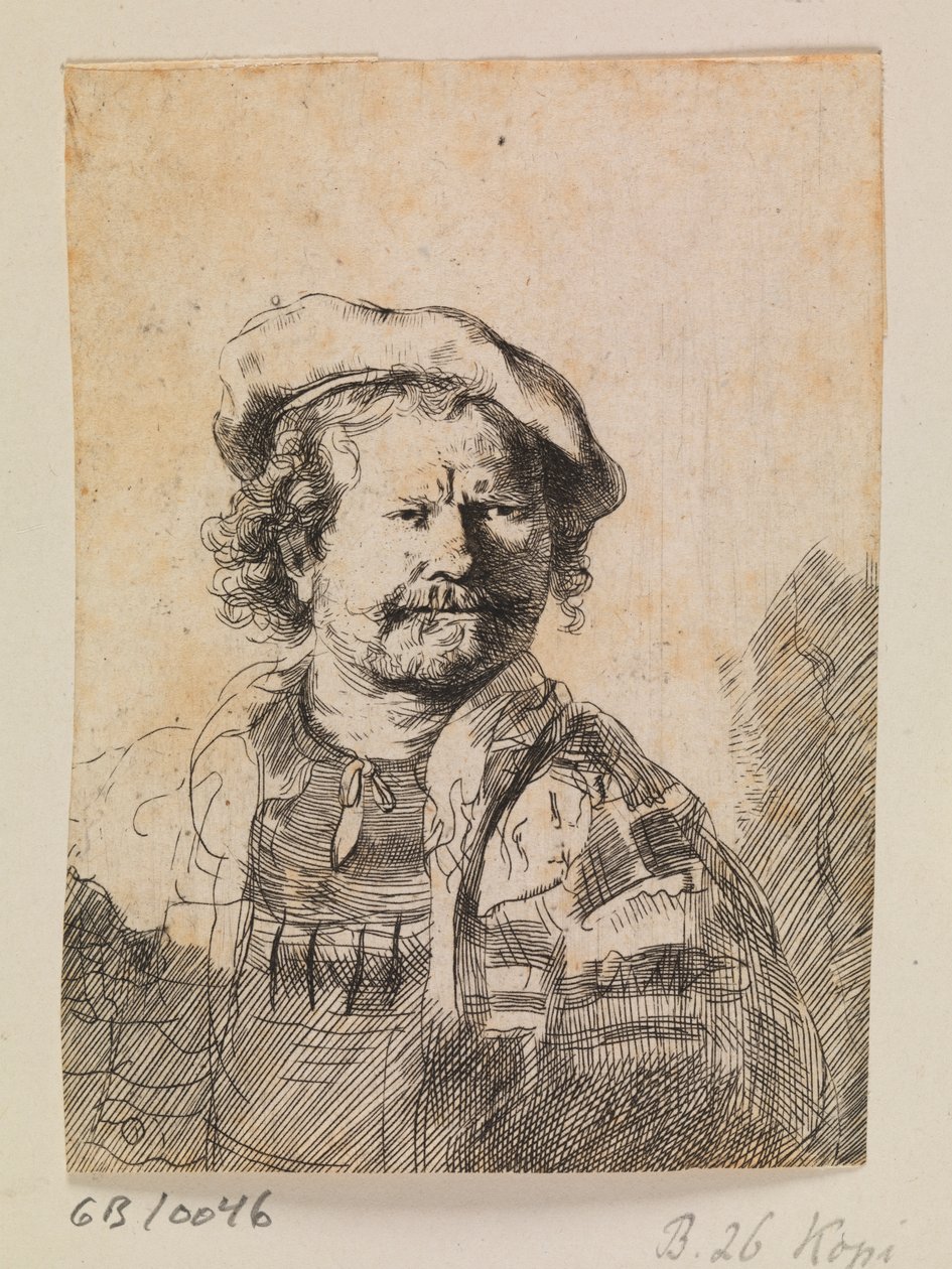 Rembrandt litteällä lippalakilla ja brodeeratussa mekossa tekijältä Rembrandt van Rijn