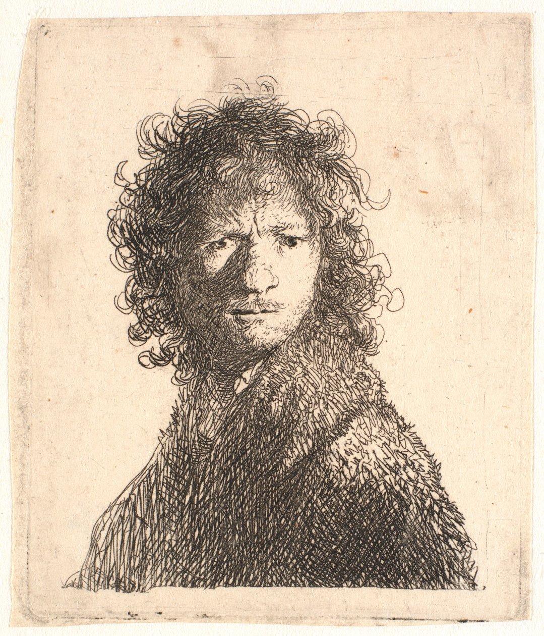 Rembrandt varreheaded, terävässä valossa oikealta: katsoo olkapäänsä yli: rintakuva tekijältä Rembrandt van Rijn