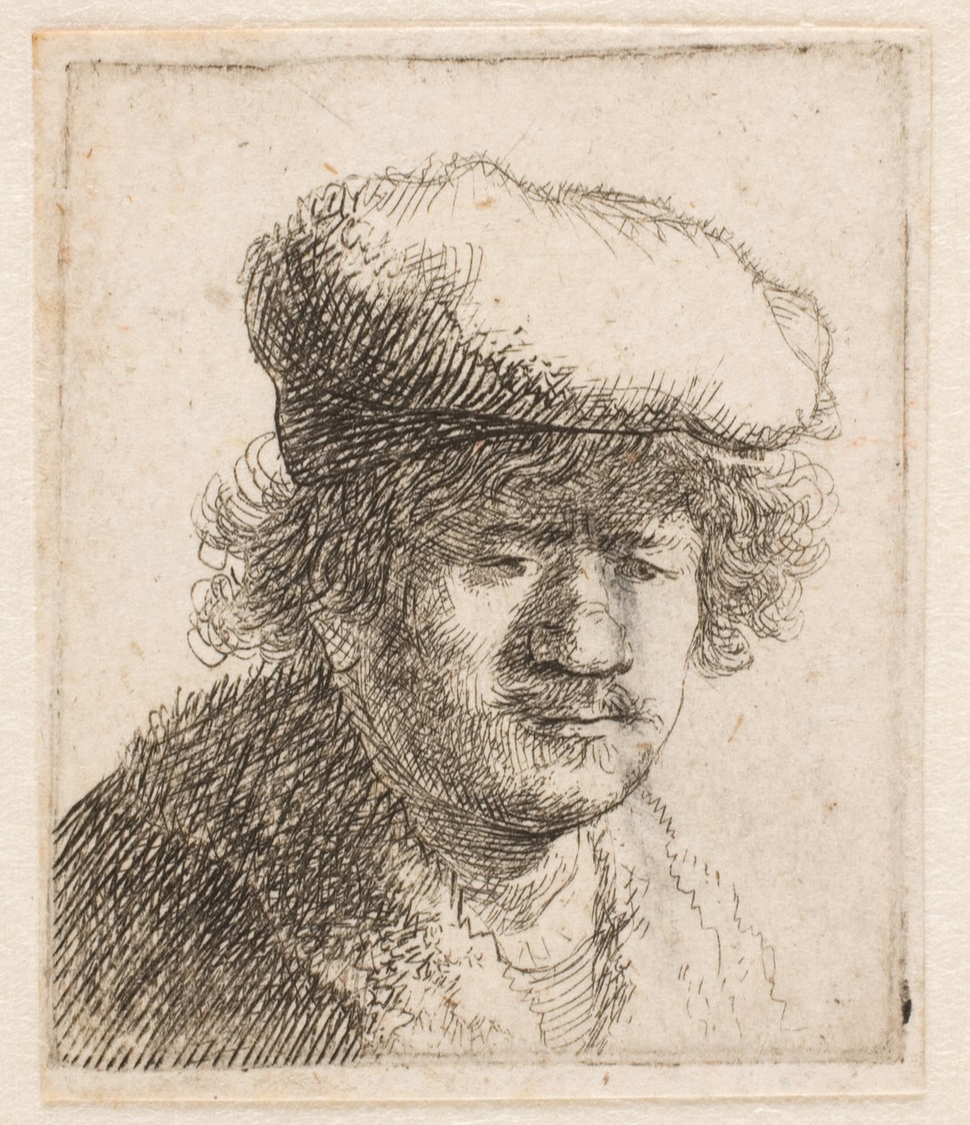 Rembrandt, jossa lippalakki on vedetty eteenpäin: rintakuva tekijältä Rembrandt van Rijn