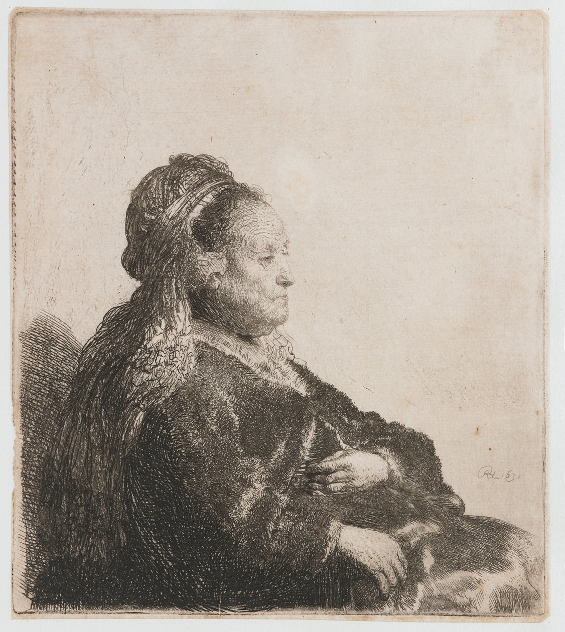 Rembrandtin äiti istuu Taiteilijan äiti istuu itämaisessa päähineessä: puolipitkä tekijältä Rembrandt van Rijn