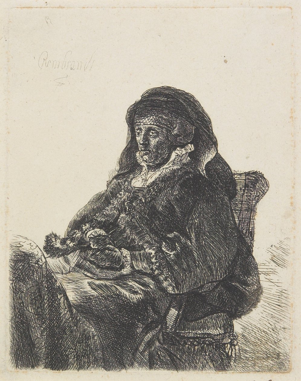 Rembrandtin äiti leskenpukuissa ja mustissa käsineissä, n. 1632-35 tekijältä Rembrandt van Rijn