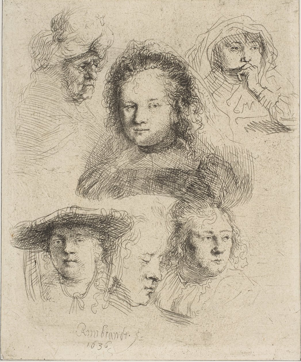 Rembrandtin vaimo ja viisi muuta päätä, 1636. tekijältä Rembrandt van Rijn