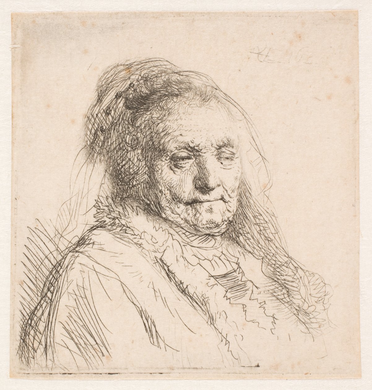Rembrandtin äiti: pää ja rintakuva, kolmen neljäsosan profiili tekijältä Rembrandt van Rijn