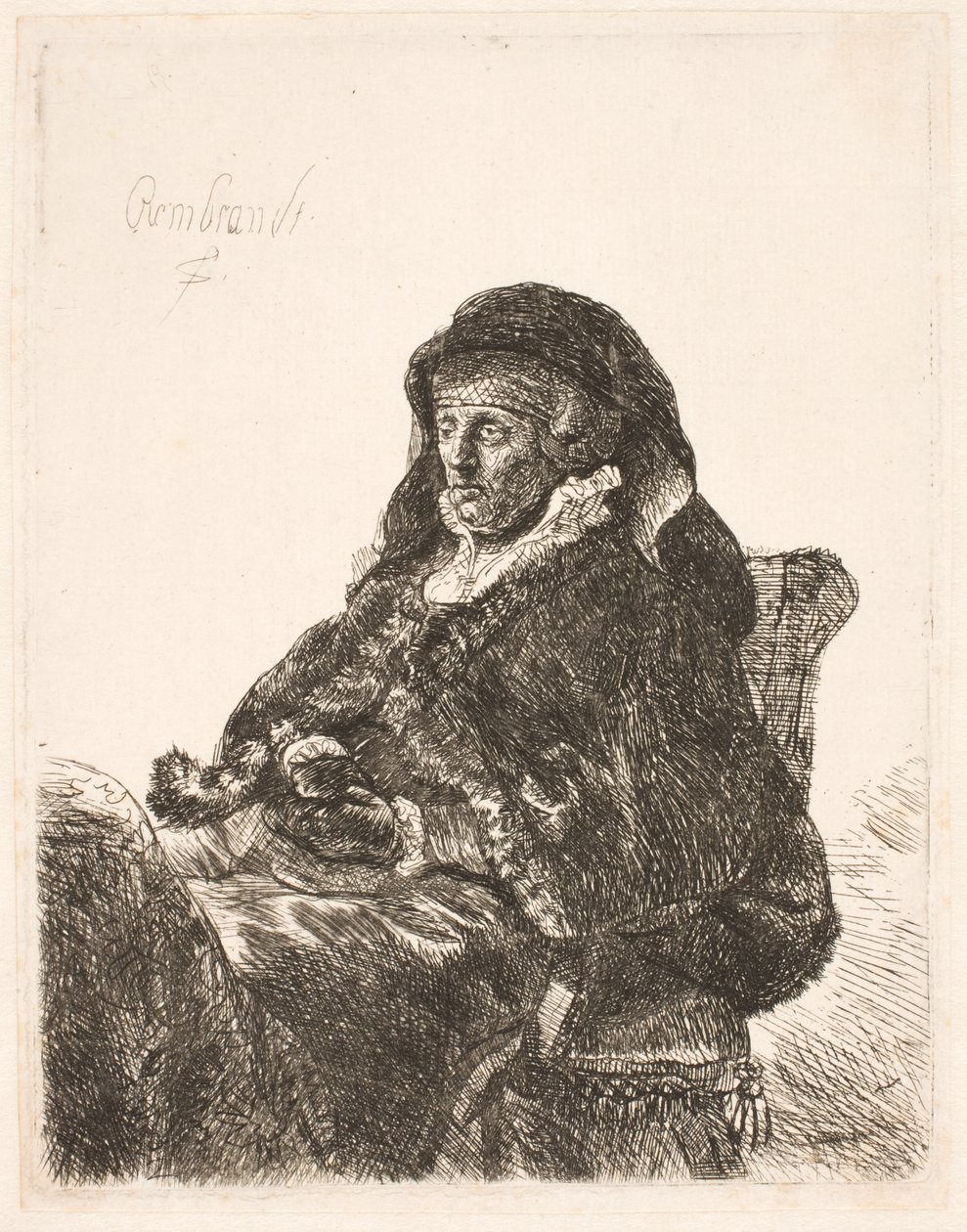 Rembrandtin äiti leskenmekossa ja mustissa käsineissä tekijältä Rembrandt van Rijn