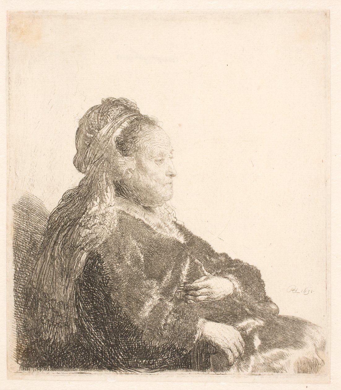 Rembrandtin äiti istuu kasvot päin oikealle itämaisessa päähineessä: puolipitkä, kädet näyttävät tekijältä Rembrandt van Rijn