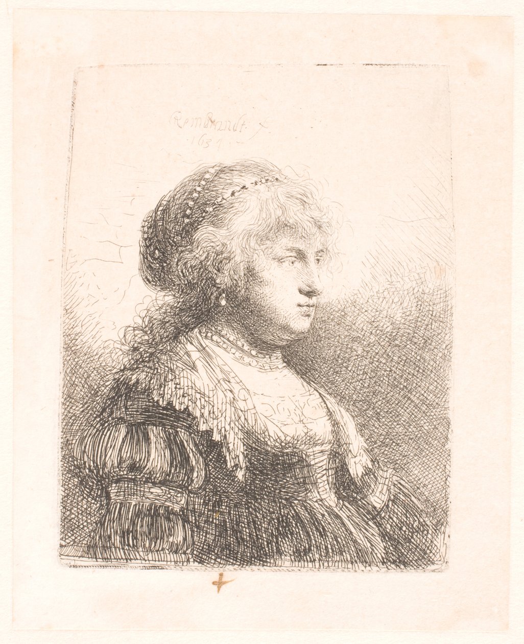 Rembrandtin vaimo Saskia, helmiä hiuksissaan, rintakuva tekijältä Rembrandt van Rijn