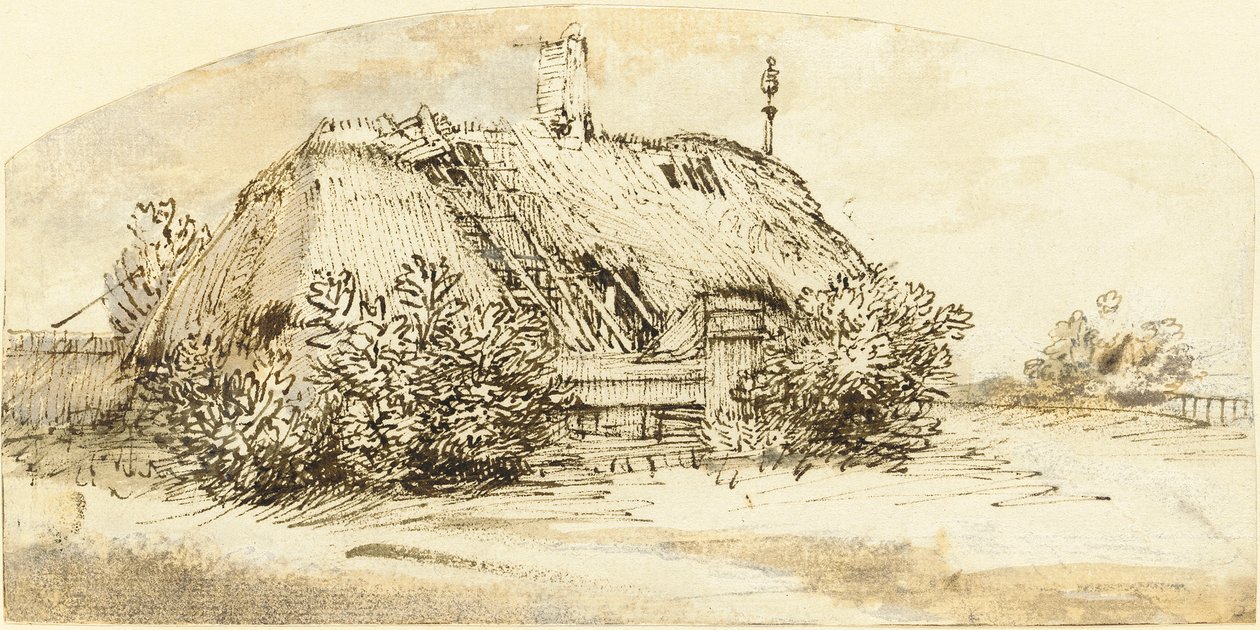 Pilaantunut olkikattoinen mökki, joka on kasvanut pensaille tekijältä Rembrandt van Rijn