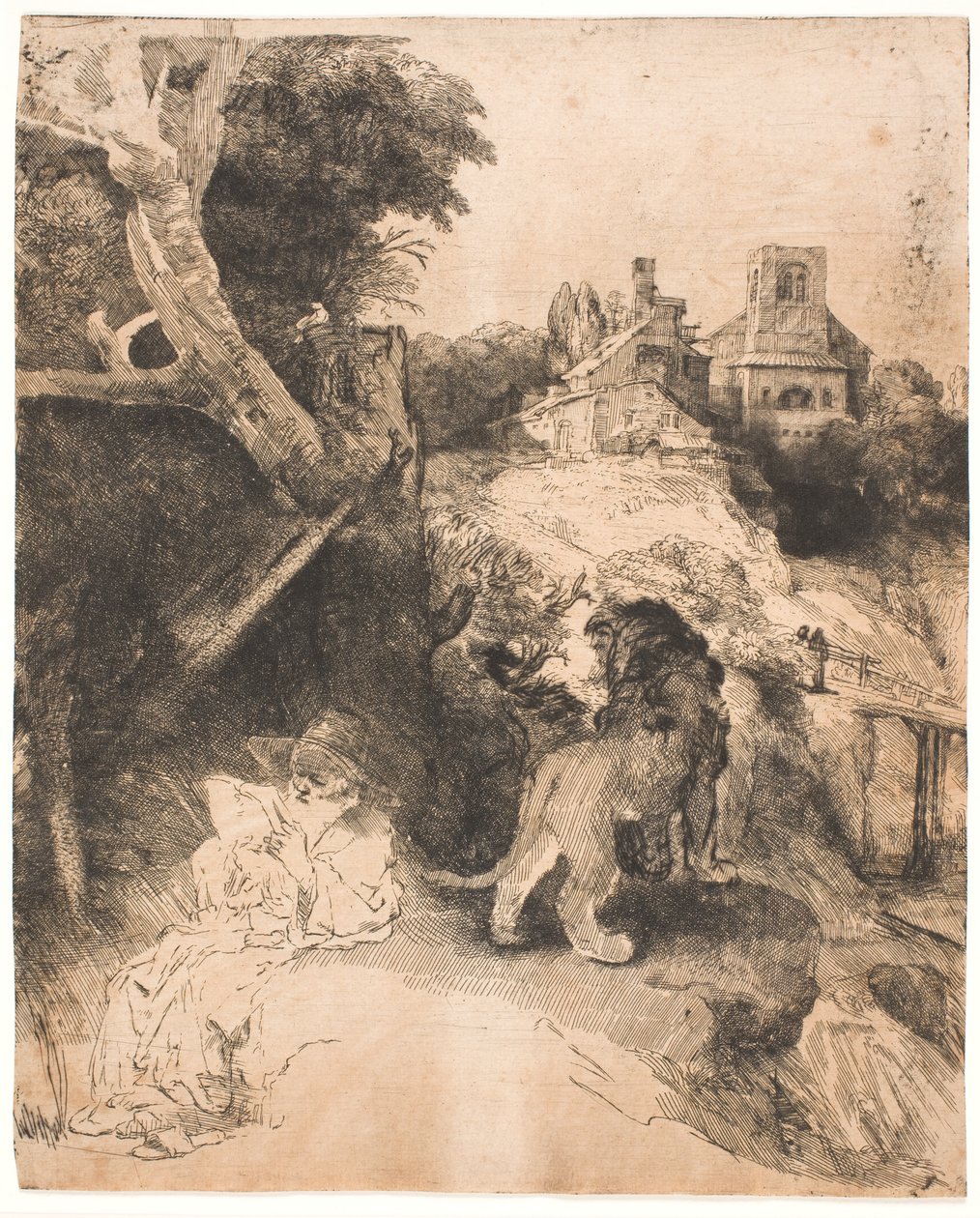 Pyhä Hieronymus lukemassa italialaisessa maisemassa tekijältä Rembrandt van Rijn