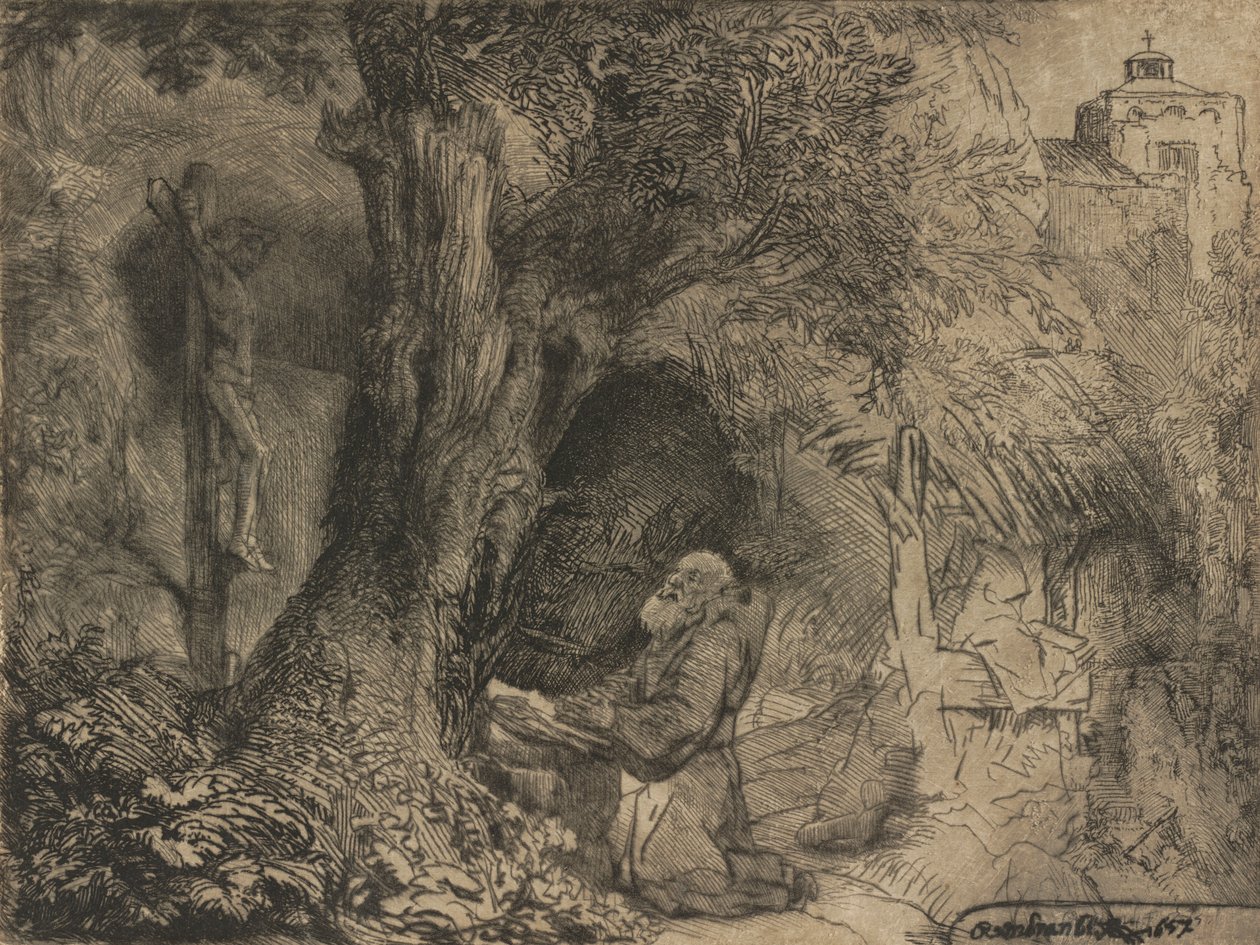 Pyhä Franciscus puun alla rukoilee, 1657. tekijältä Rembrandt van Rijn