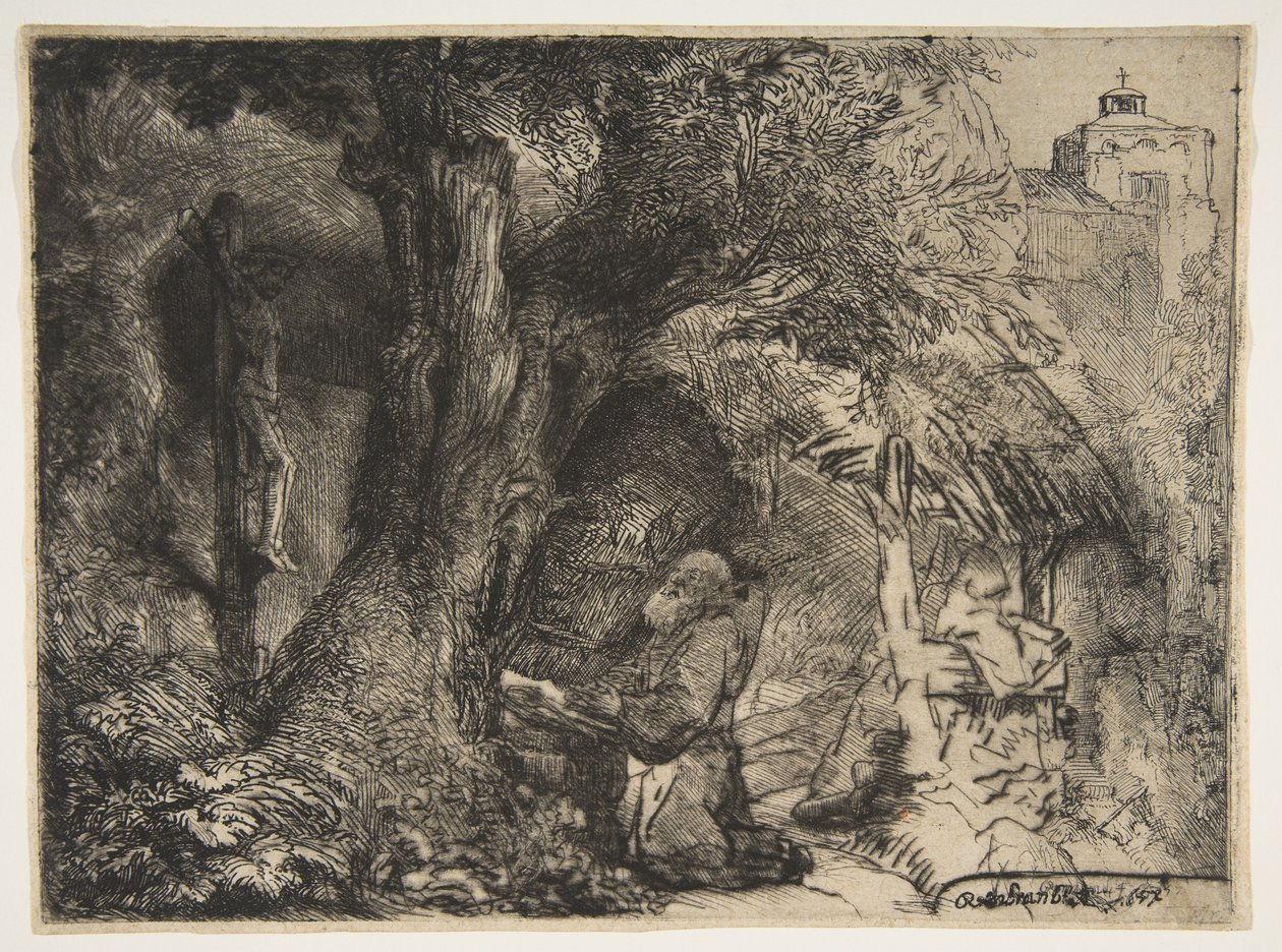 Pyhä Franciscus puun alla, rukoilee, 1657. tekijältä Rembrandt van Rijn