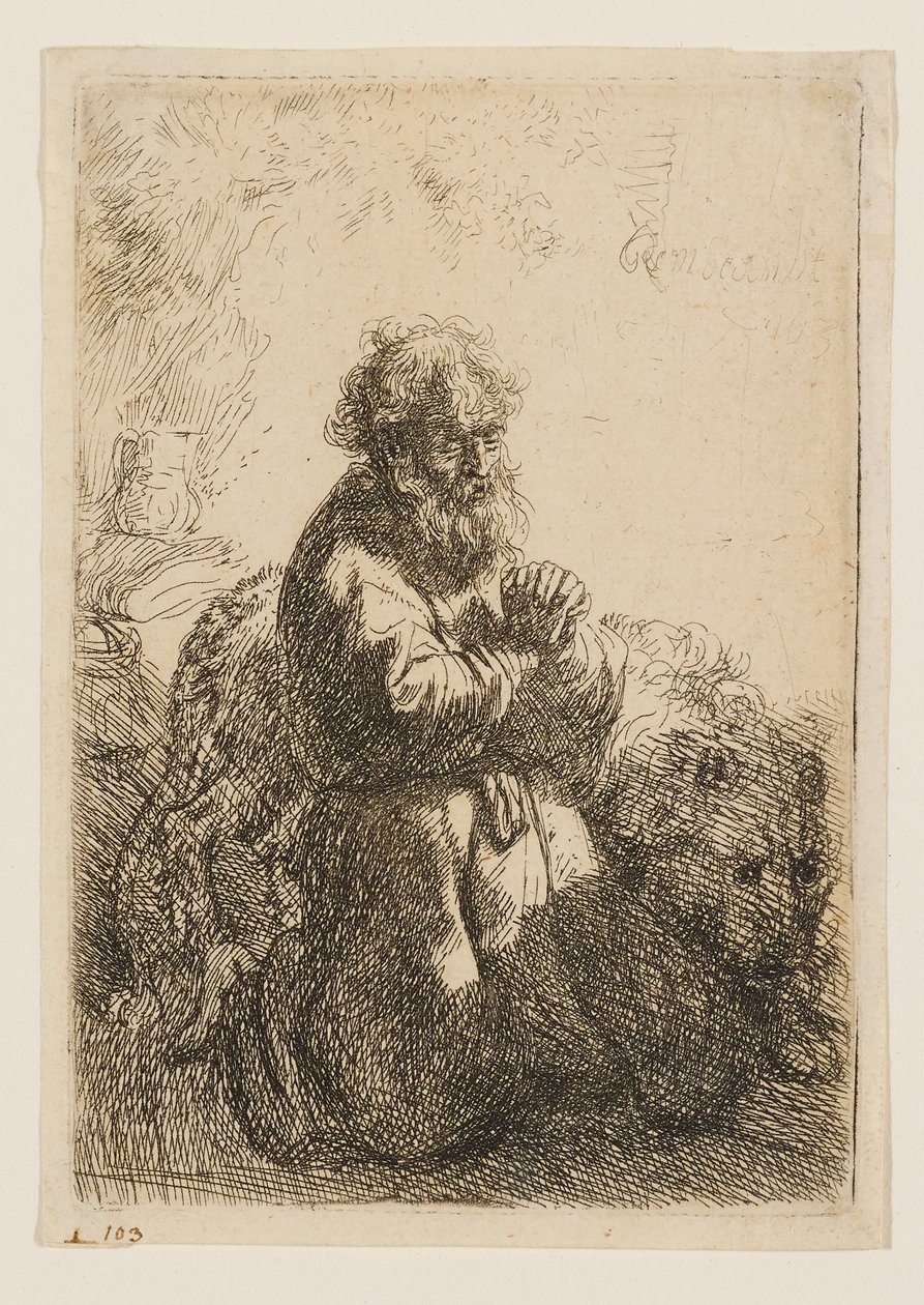 Pyhä Hieronymus polvistuneena rukoilemassa, katse alaspäin tekijältä Rembrandt van Rijn