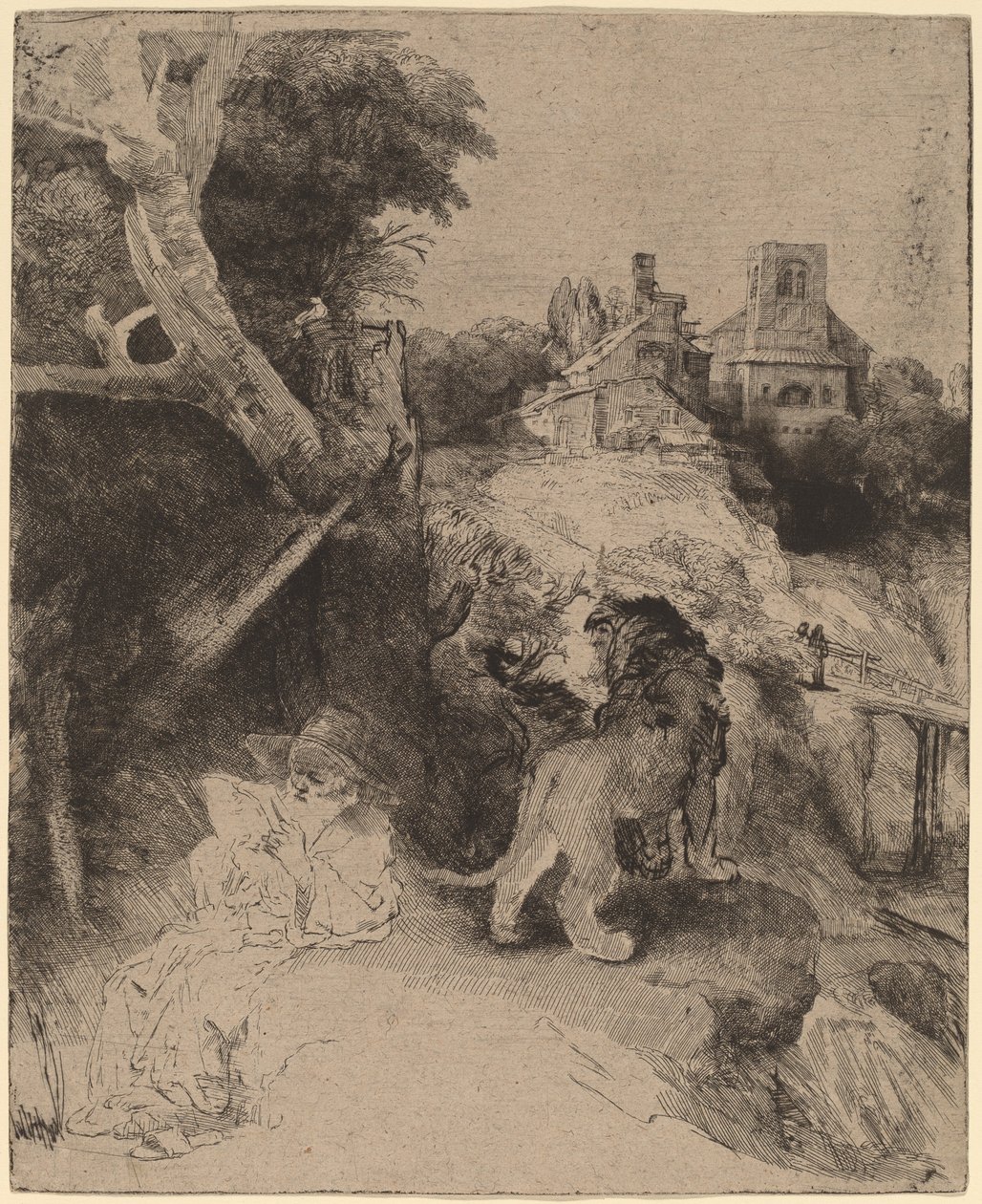 Pyhä Jerome lukemassa italialaisessa maisemassa tekijältä Rembrandt van Rijn