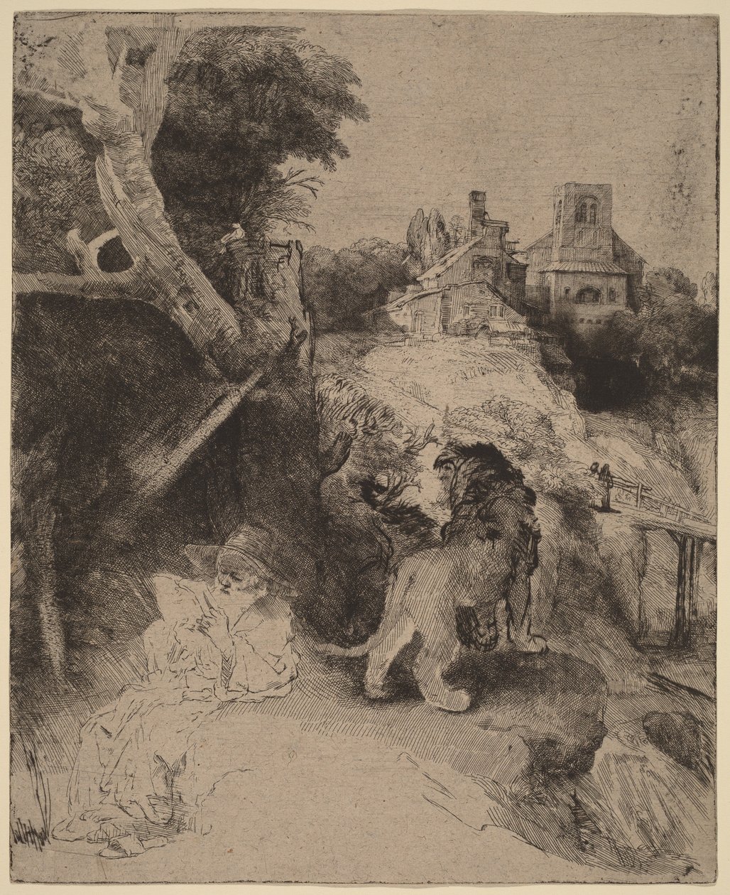 Pyhä Hieronymus lukemassa italialaisessa maisemassa tekijältä Rembrandt van Rijn