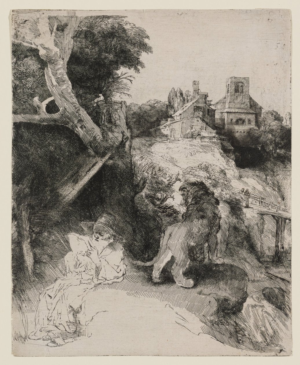 Pyhä Hieronymus lukemassa italialaisessa maisemassa tekijältä Rembrandt van Rijn