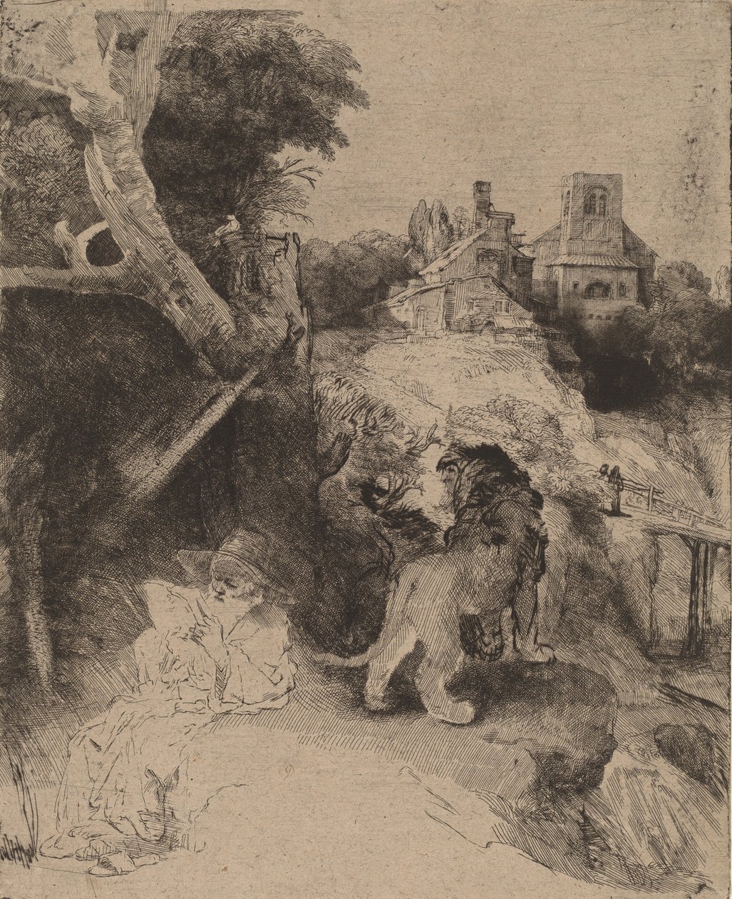 Pyhä Jerome lukemassa italialaisessa maisemassa, n. 1653. tekijältä Rembrandt van Rijn