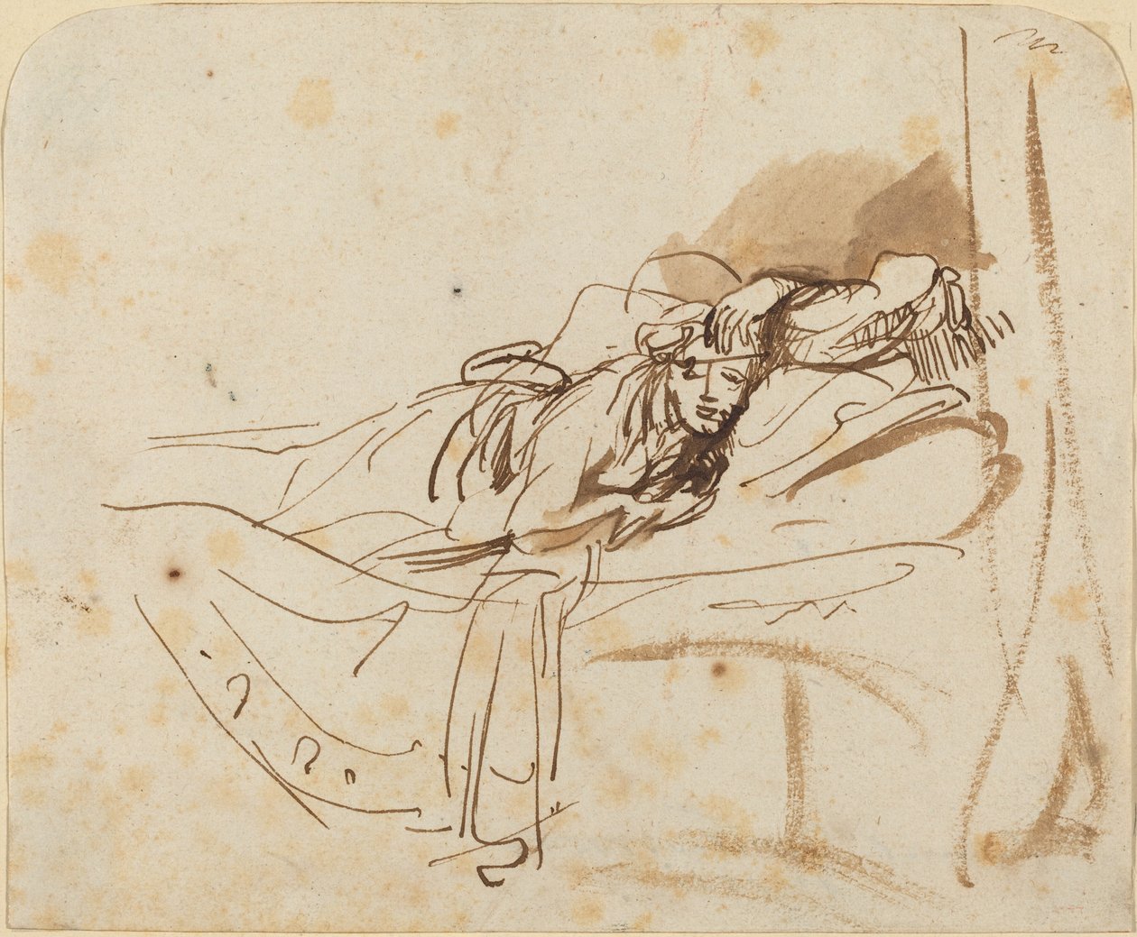 Saskia(?) makaa sängyssä tekijältä Rembrandt van Rijn