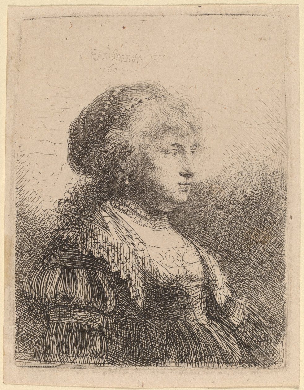 Saskia helmiä hiuksissaan tekijältä Rembrandt van Rijn