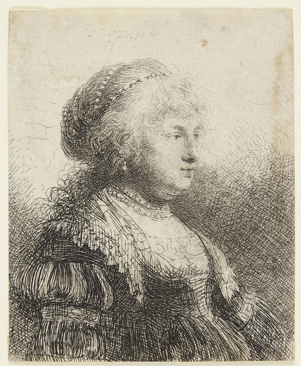 Saskia, jolla on helmiä hiuksissaan tekijältä Rembrandt van Rijn