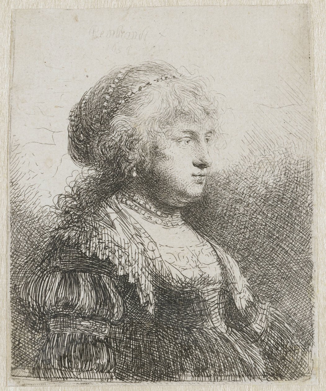 Saskia helmiä hiuksissaan tekijältä Rembrandt van Rijn