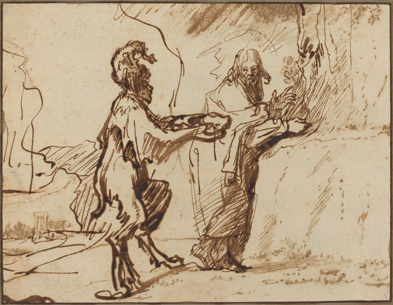 Saatana houkuttelee Kristusta muuttamaan kivet leipäksi tekijältä Rembrandt van Rijn