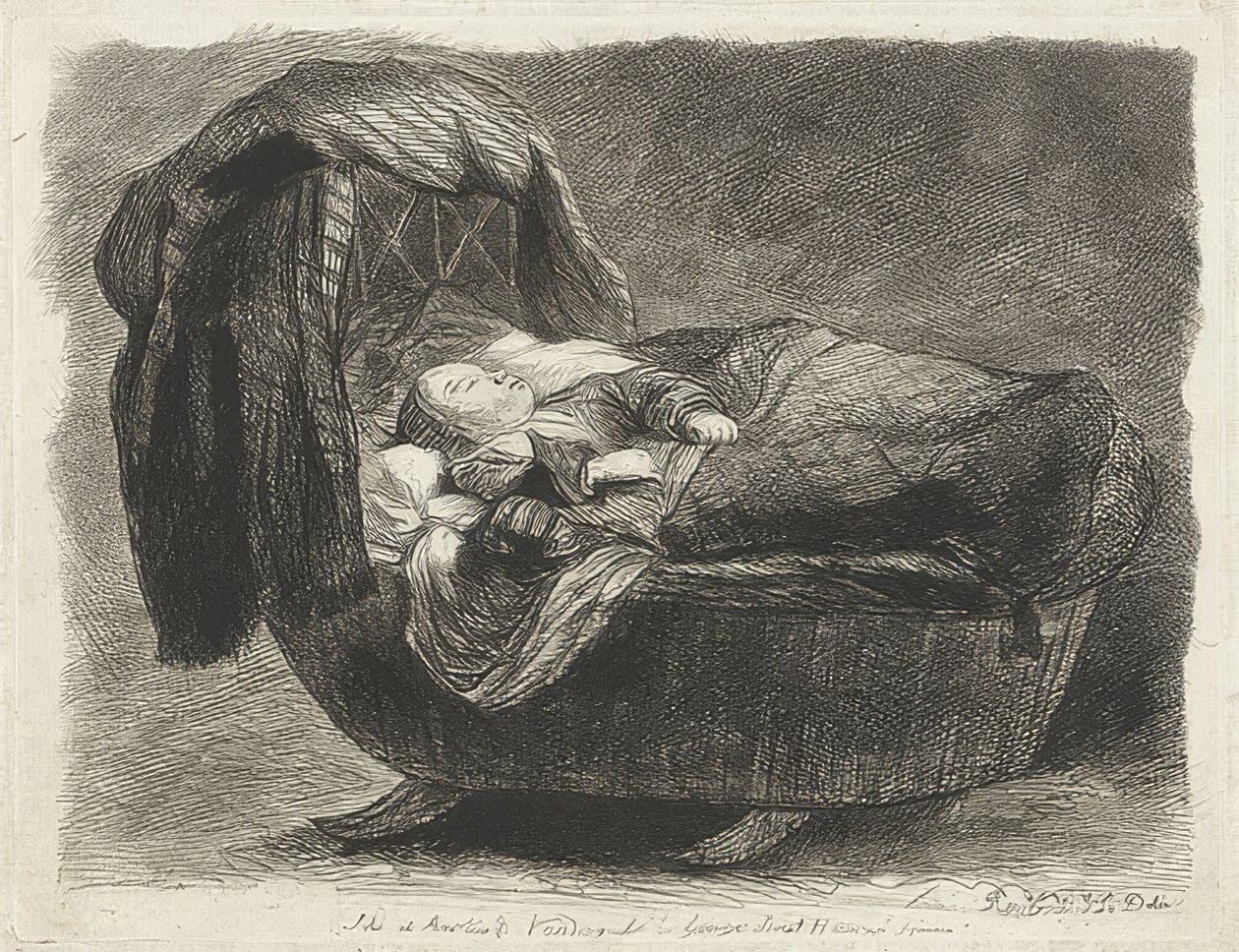 Nukkuva lapsi kehdossa (Slapend child in een wieg) tekijältä Rembrandt van Rijn