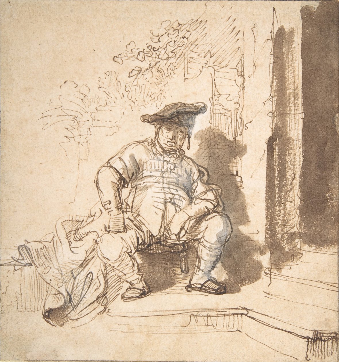 Istuva mies, jolla on litteä lippalakki, 1635-40. tekijältä Rembrandt van Rijn