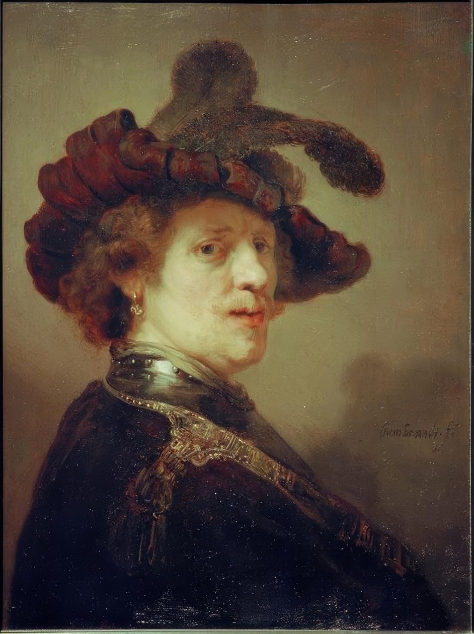 Omakuva höyhenpeitteisen hatun kanssa tekijältä Rembrandt van Rijn